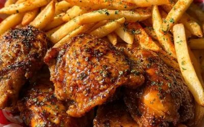 Kyllingelår med honning og hvidløg og krydrede pommes frites