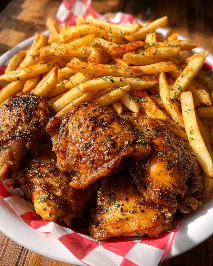 Kyllingelår med honning og hvidløg og krydrede pommes frites