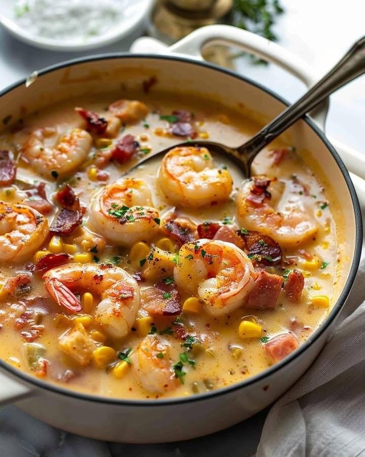 Kraftig pancetta-, reje- og majssuppe