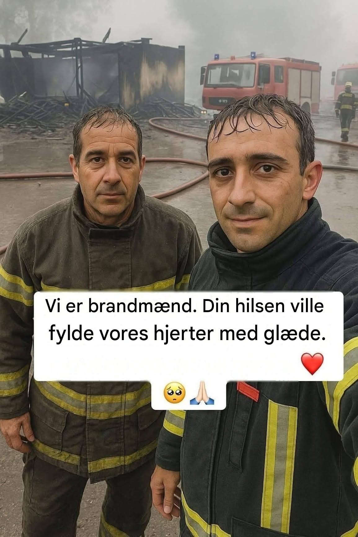 Billedet viser to brandmænd foran en brandramt bygning efter en indsats. Røg, brandslanger og brandbiler ses i baggrunden. Teksten på billedet beder folk om at sende venlige hilsner og støtte til brandmændene..