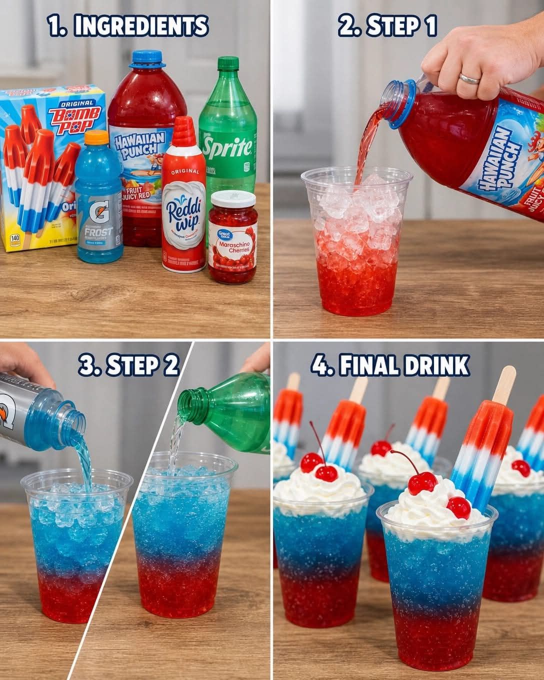Farverig, forfriskende og perfekt til sommerfestligheder! Disse Memorial Day Bomb Pop Punch Cups er fyldt med frugtagtige smagsoplevelser, patriotiske farver og en sjov Bomb Pop-topper, der gør dem til stjernen på enhver grillfest, cookout eller julesammenkomst. Ingredienser 1 æske Original Bomb Pop® røde, hvide og blå ispinde 45 ml Hawaiian Punch® Fruit Juicy Red Fuld opskrift 👇 💬