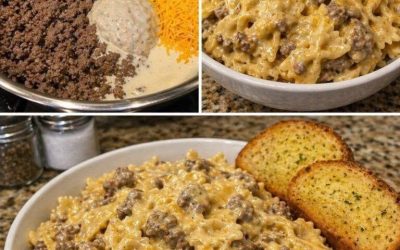 Cremet osteagtig oksekødspasta med bowtie-sauce Det skal du bruge: – 450 g hakket oksekød – 225 g bowtie-pasta (enhver pasta fungerer) – 1 dåse flødesuppe af svampe – Fuld opskrift 👇 💬