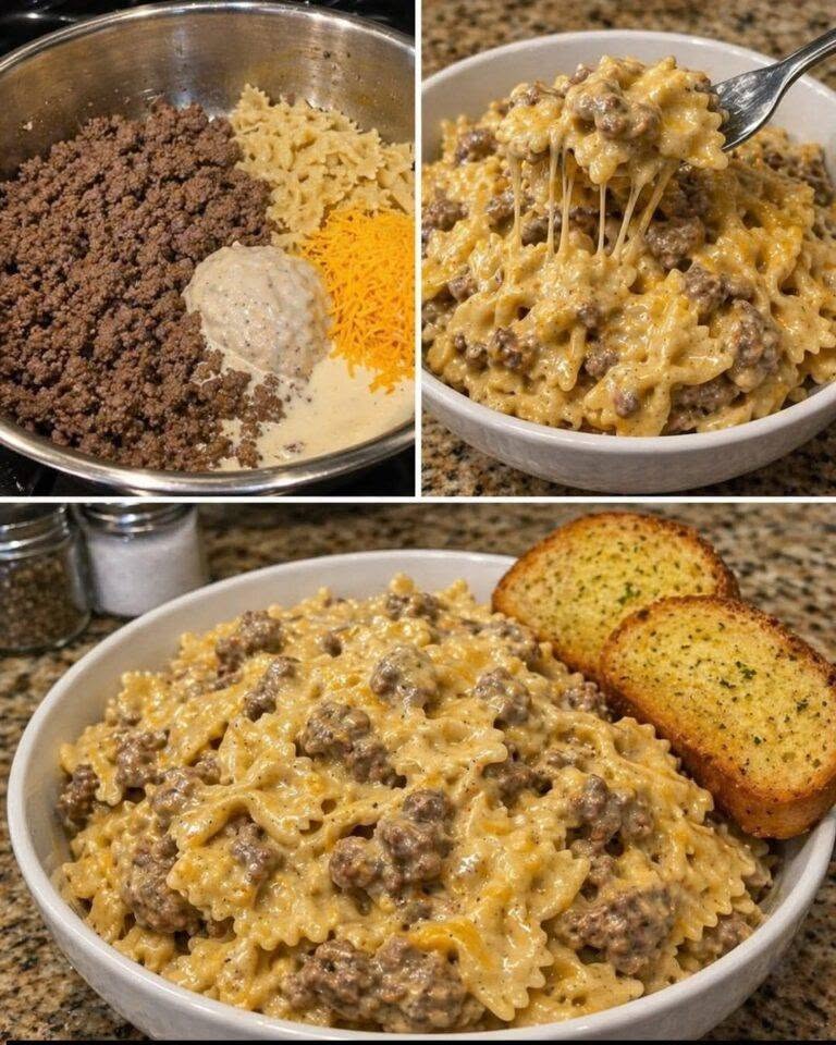 Cremet osteagtig oksekødspasta med bowtie-sauce Det skal du bruge: – 450 g hakket oksekød – 225 g bowtie-pasta (enhver pasta fungerer) – 1 dåse flødesuppe af svampe – Fuld opskrift 👇 💬