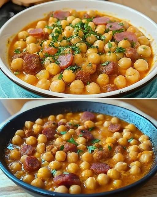 kikærter med chorizo ​​og skinke.